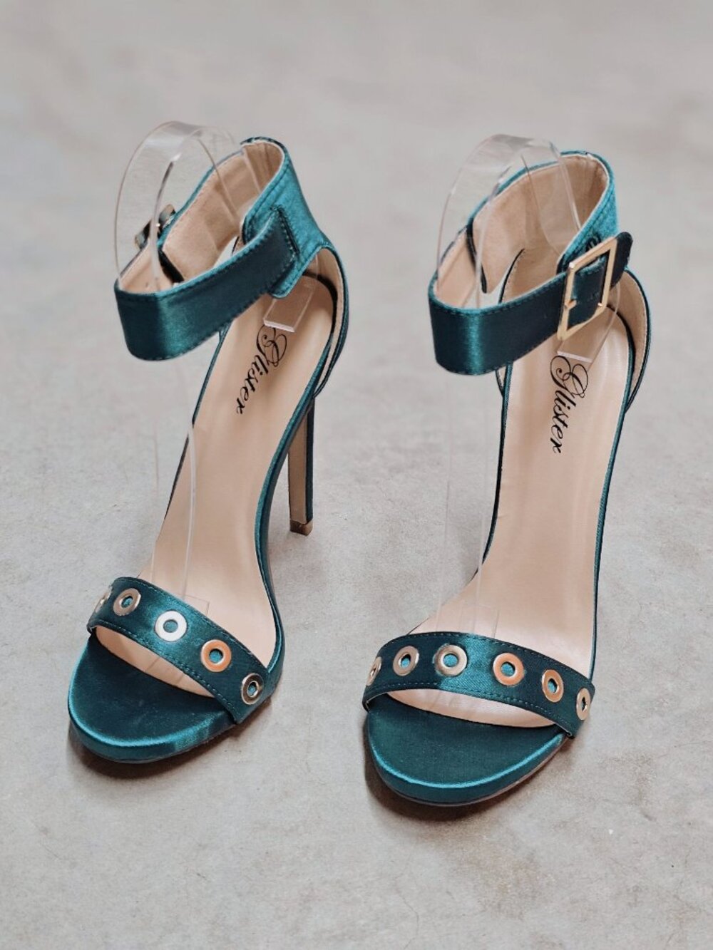 Teal Satin High Heel Sandals With Ankle Strap & Grommet Detail Womens